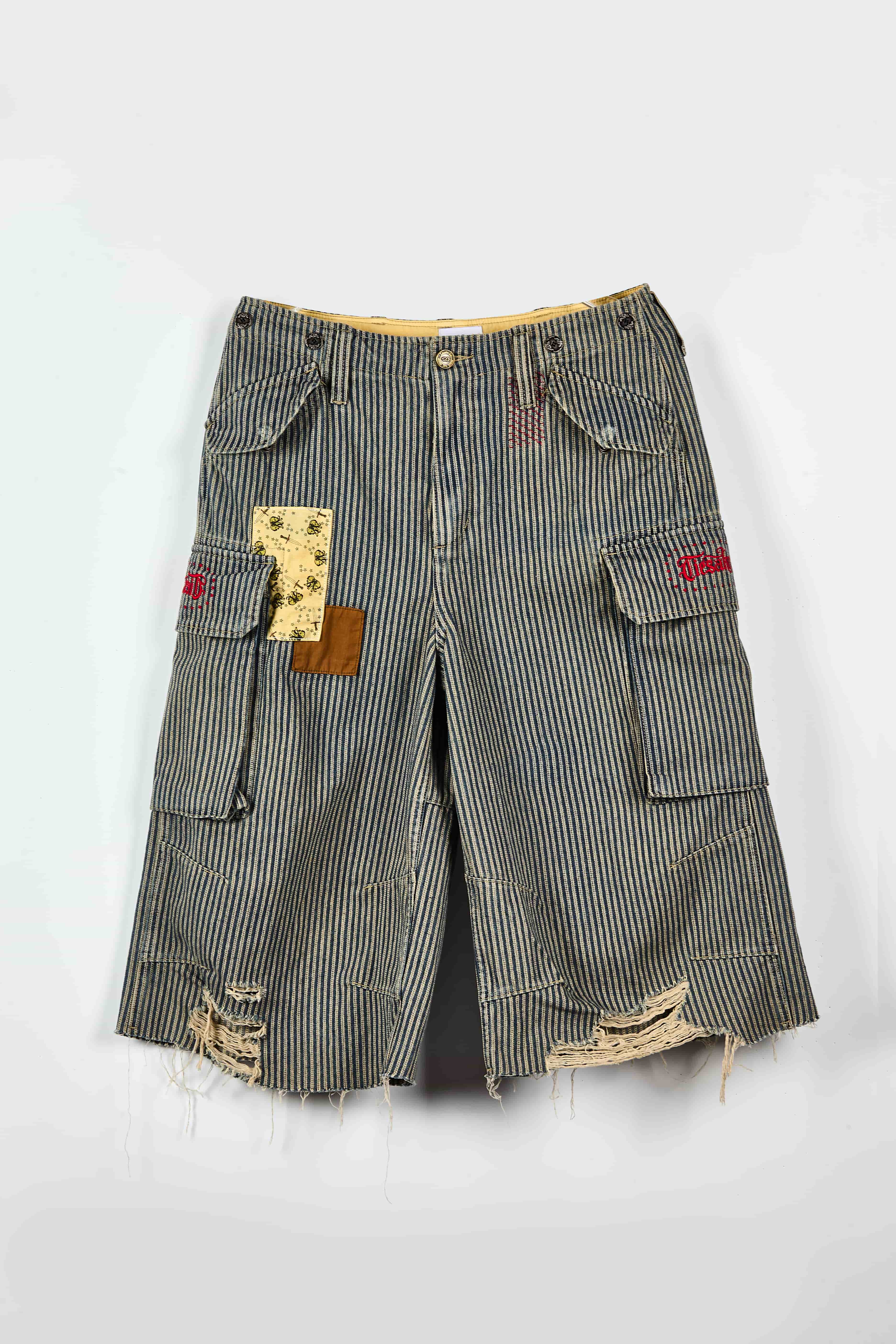 Vintage Hickory Stripe Cargo Shorts - Distressed Raw Hem Streetwear Shorts